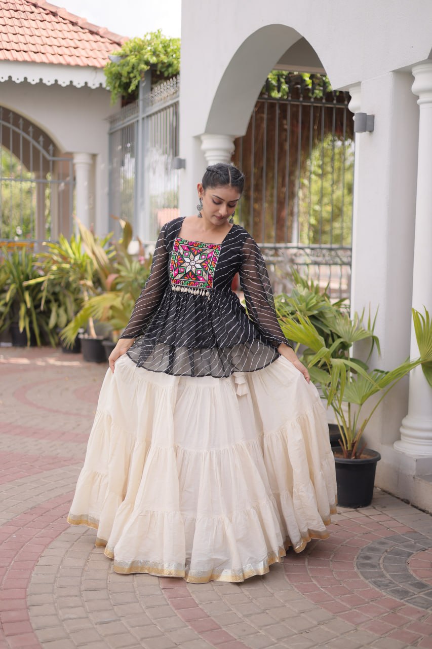 Navratri Kora Cotton Lehenga Choli with Laheriya Print Top