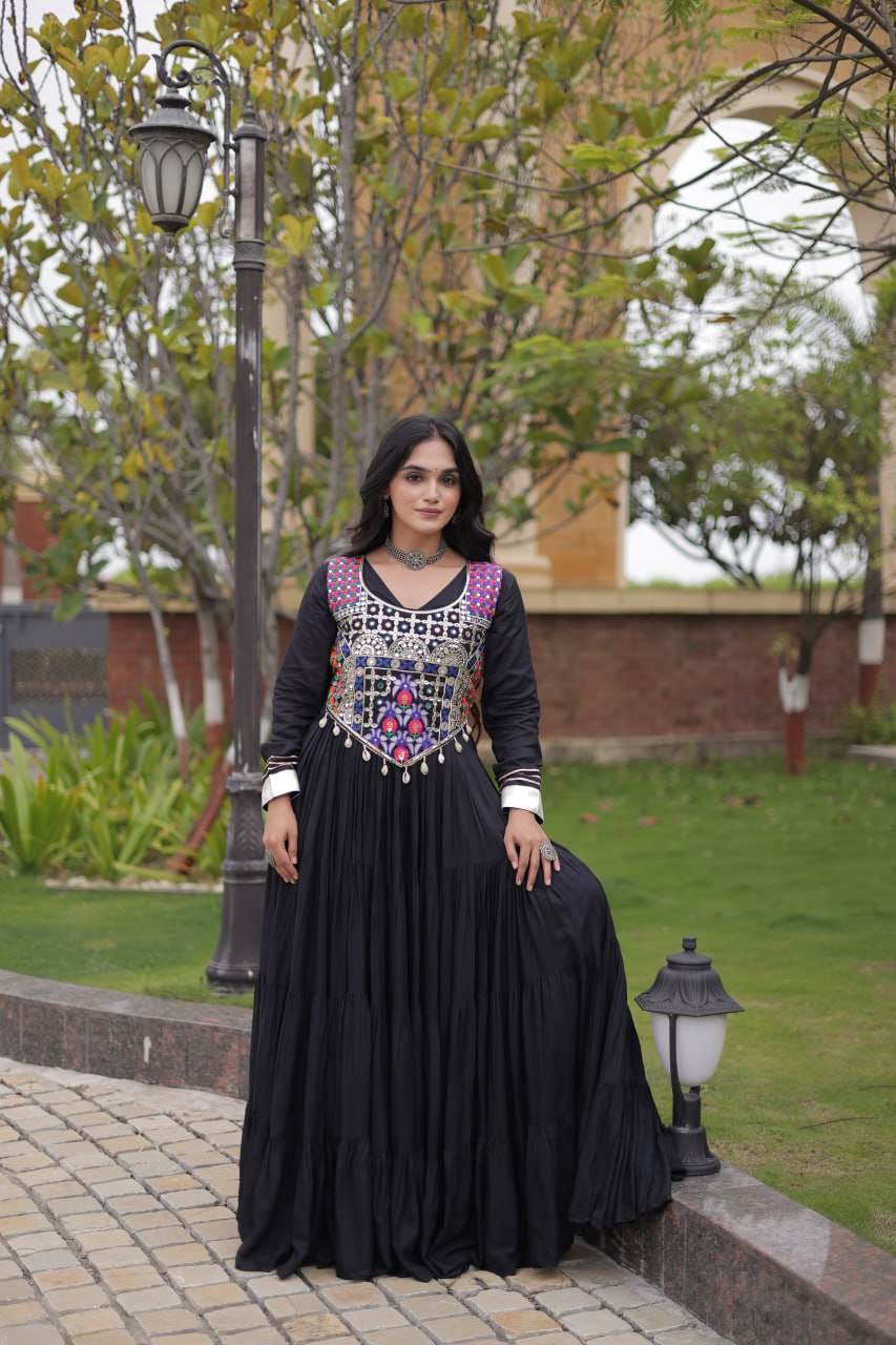 Navratri Reyon Gown with Thread and Mirror Work Blouse