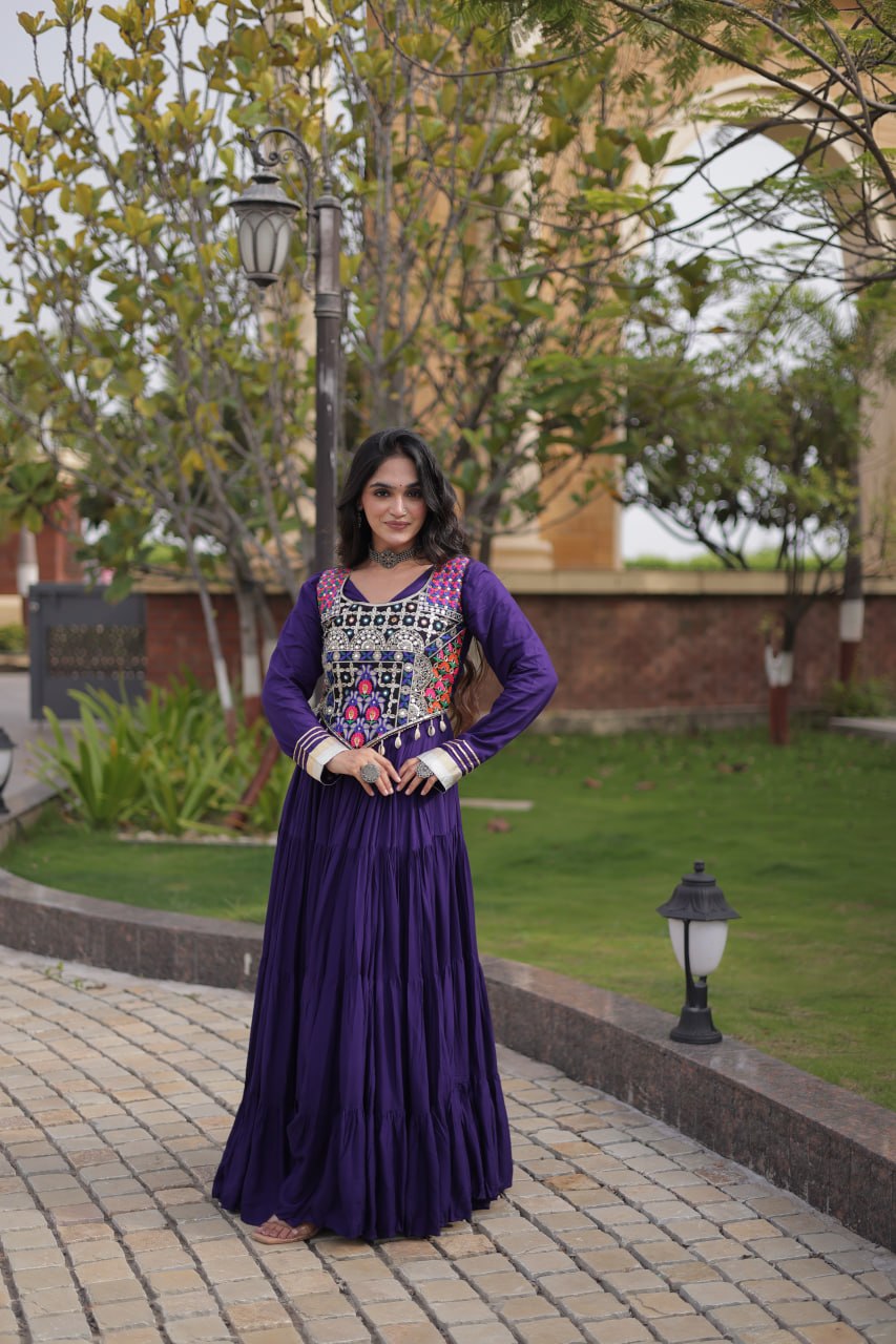 Navratri Reyon Gown with Thread and Mirror Work Blouse