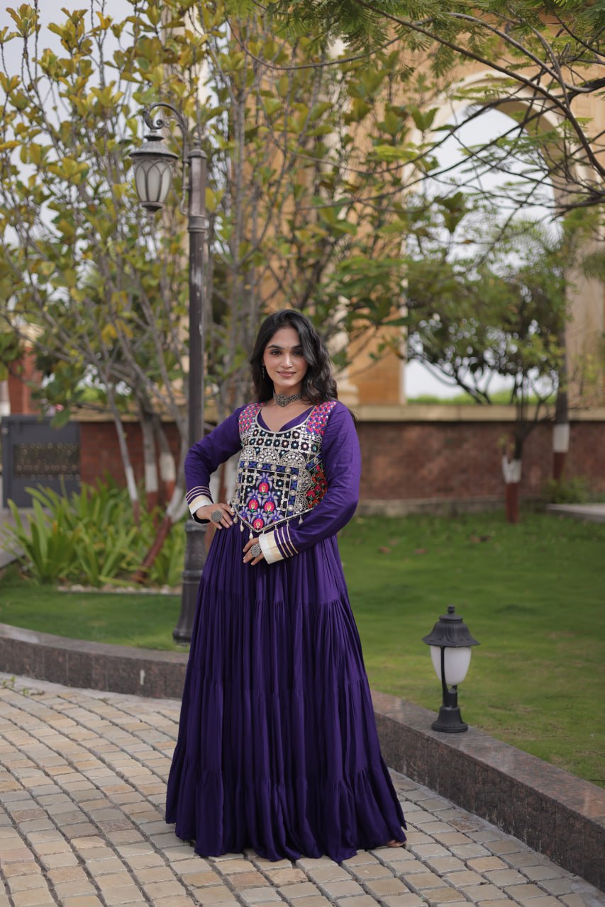 Navratri Reyon Gown with Thread and Mirror Work Blouse