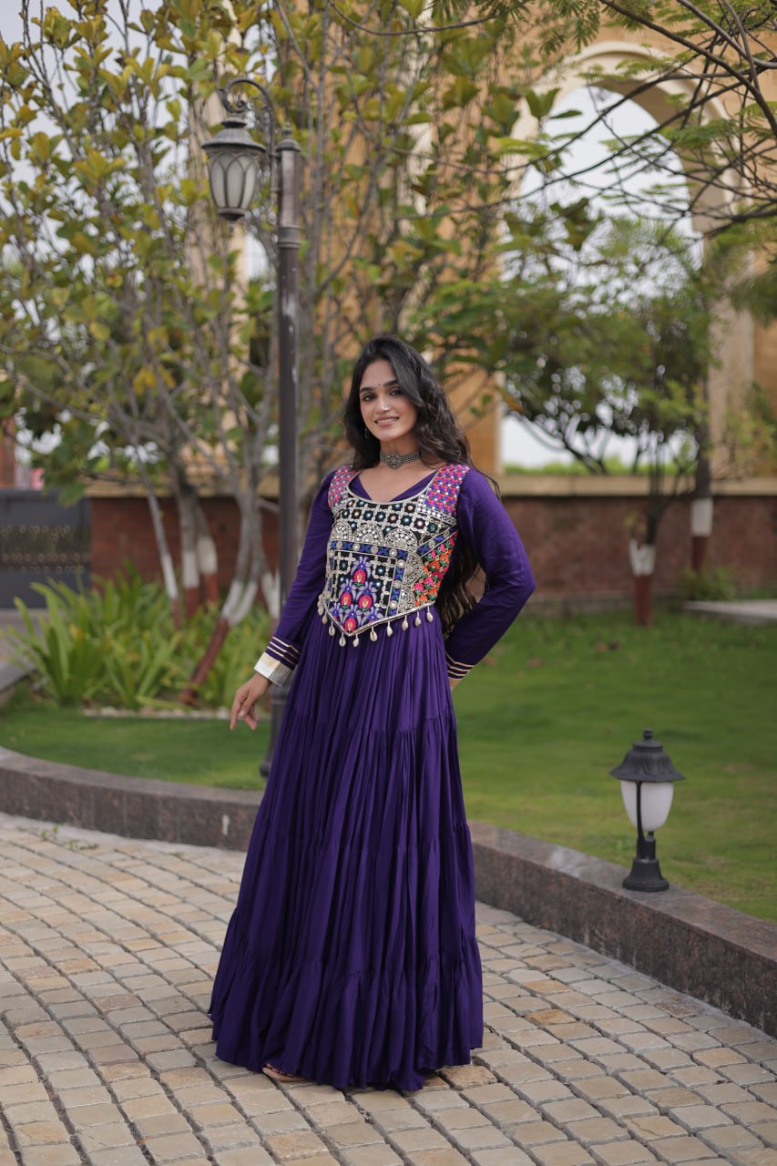 Navratri Reyon Gown with Thread and Mirror Work Blouse