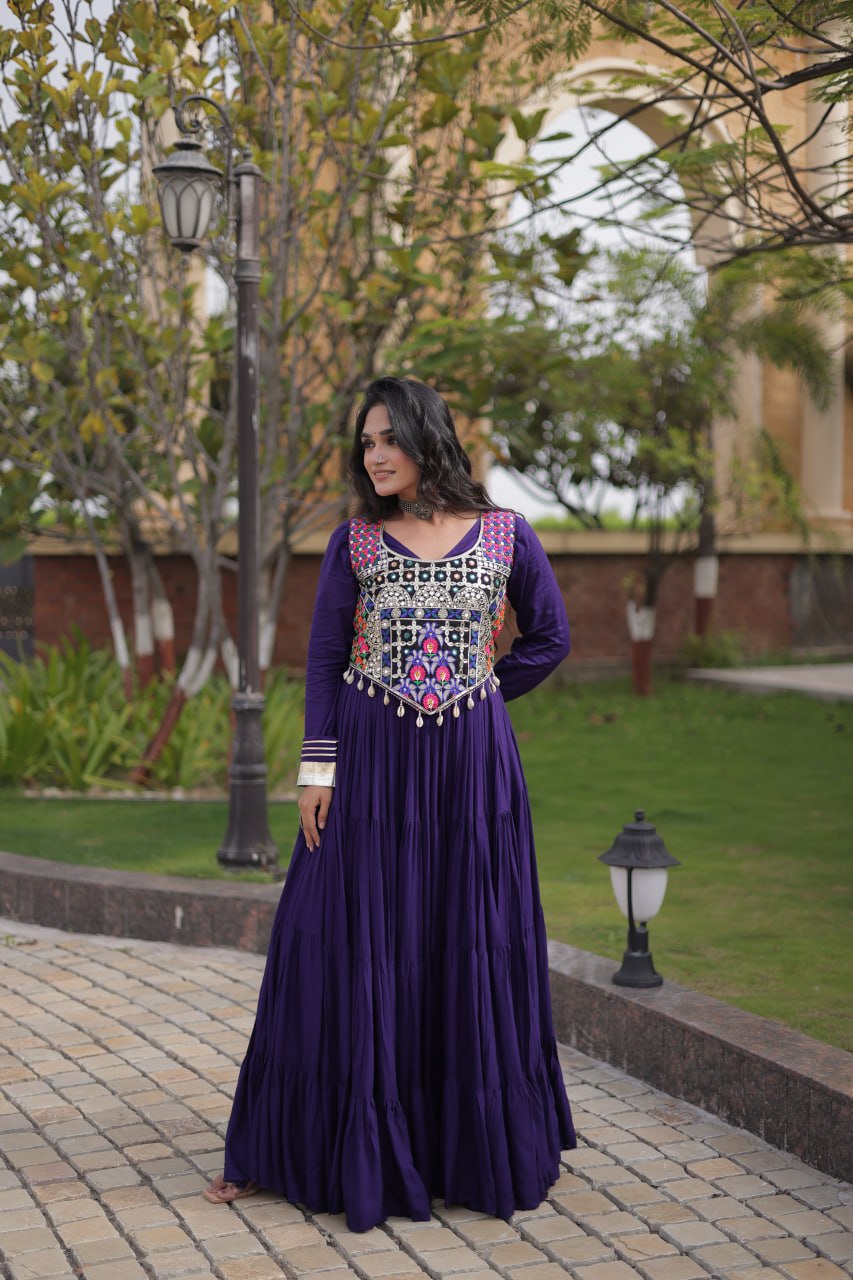 Navratri Reyon Gown with Thread and Mirror Work Blouse