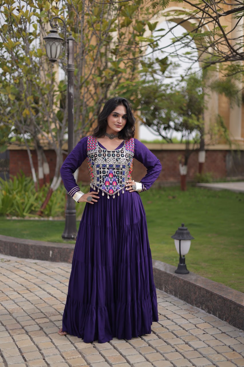 Navratri Reyon Gown with Thread and Mirror Work Blouse