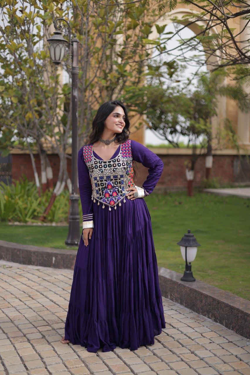 Navratri Reyon Gown with Thread and Mirror Work Blouse