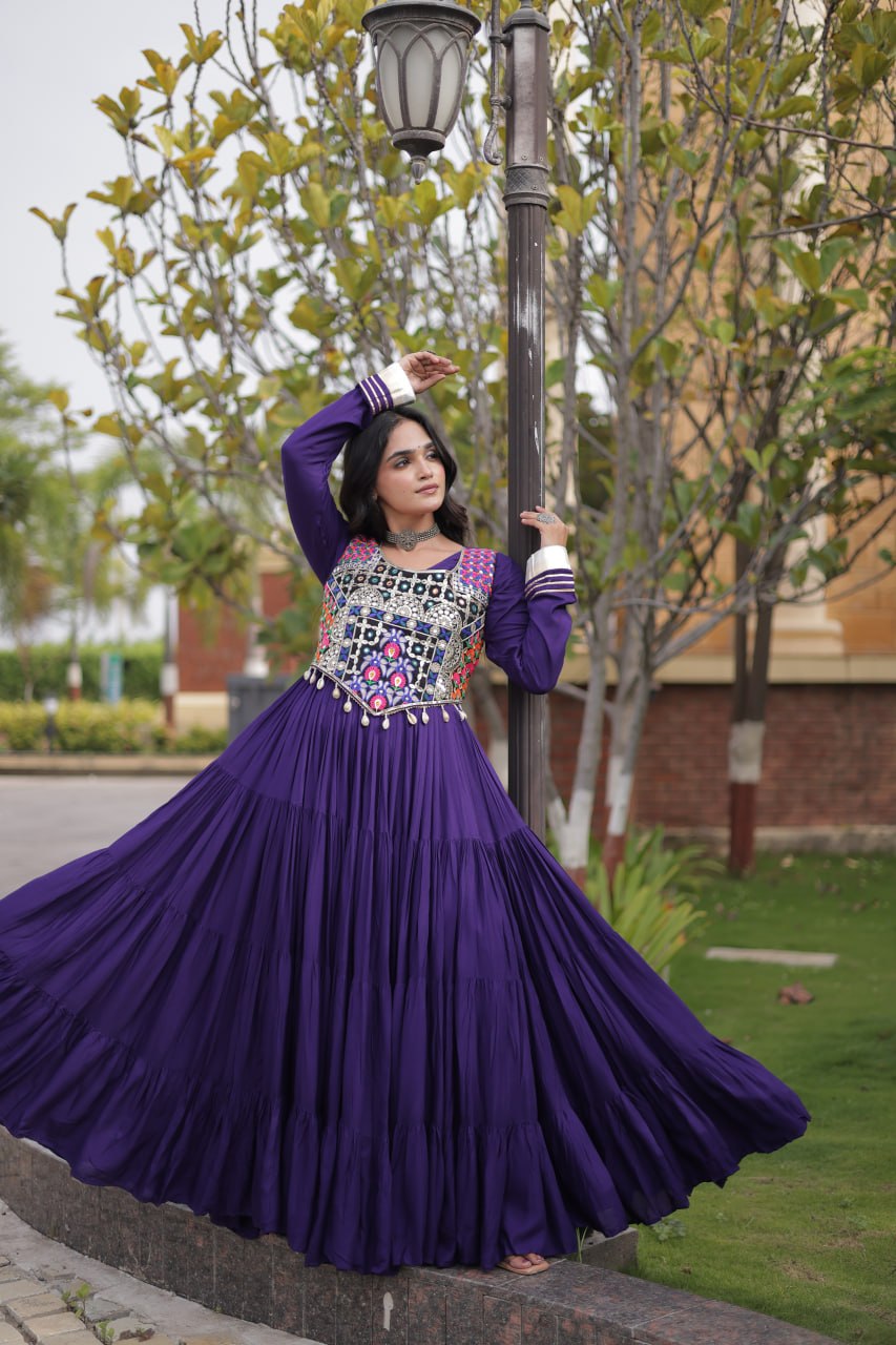 Navratri Reyon Gown with Thread and Mirror Work Blouse
