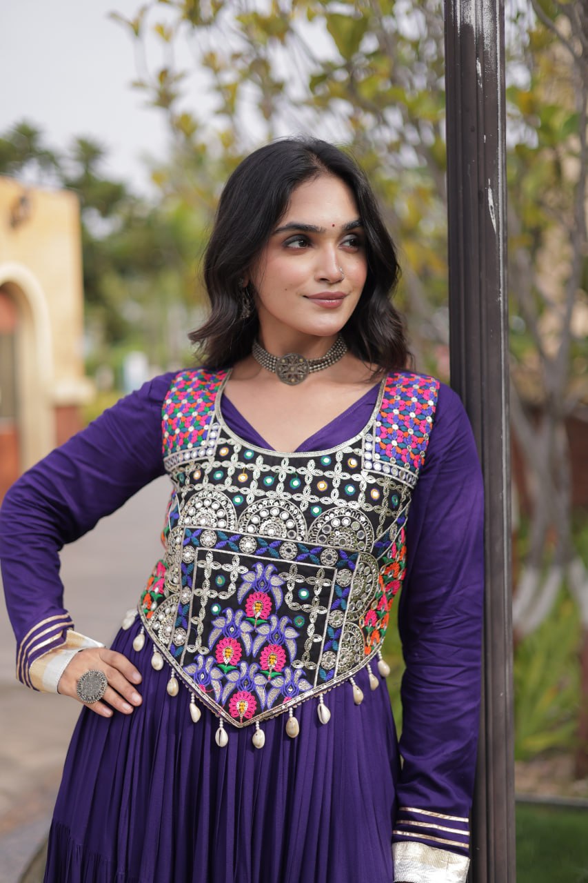 Navratri Reyon Gown with Thread and Mirror Work Blouse