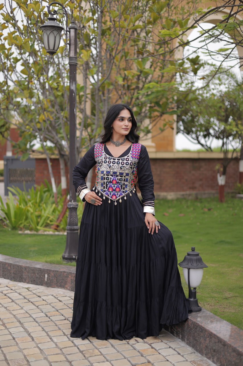 Navratri Reyon Gown with Thread and Mirror Work Blouse