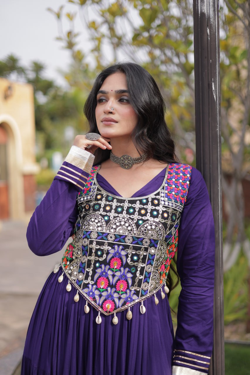 Navratri Reyon Gown with Thread and Mirror Work Blouse
