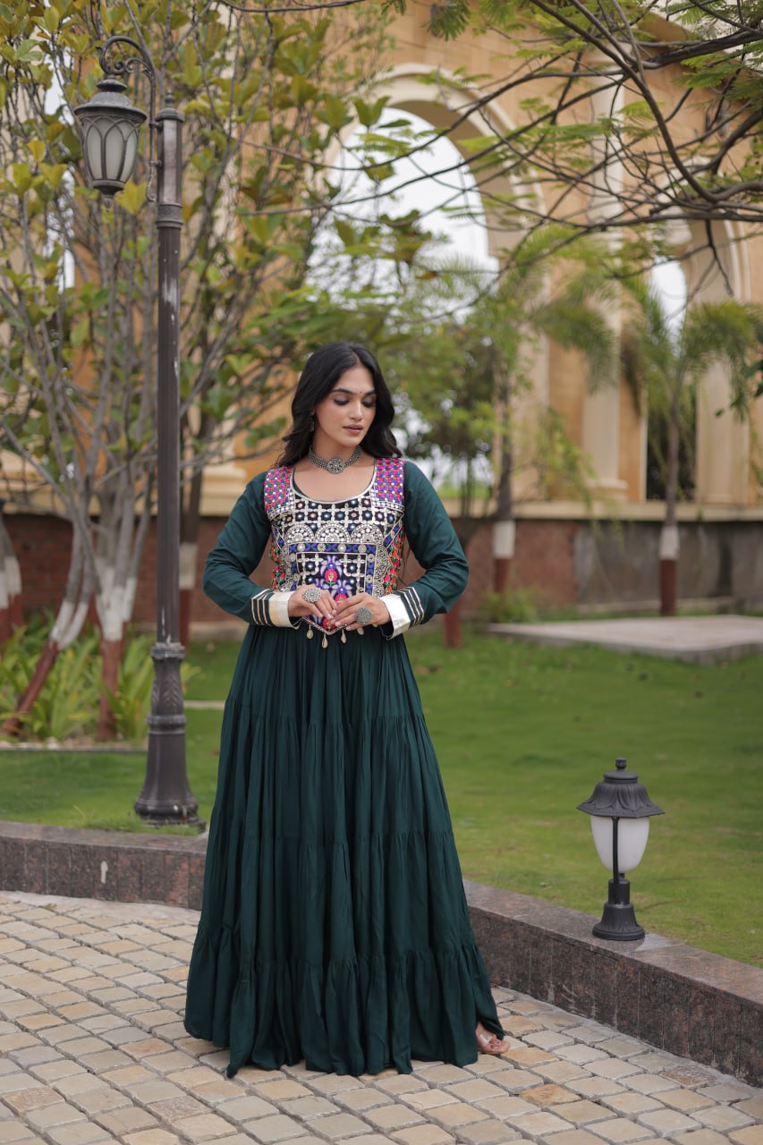 Navratri Reyon Gown with Thread and Mirror Work Blouse