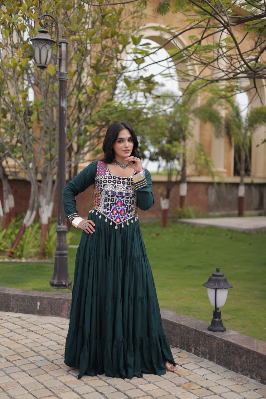 Navratri Reyon Gown with Thread and Mirror Work Blouse