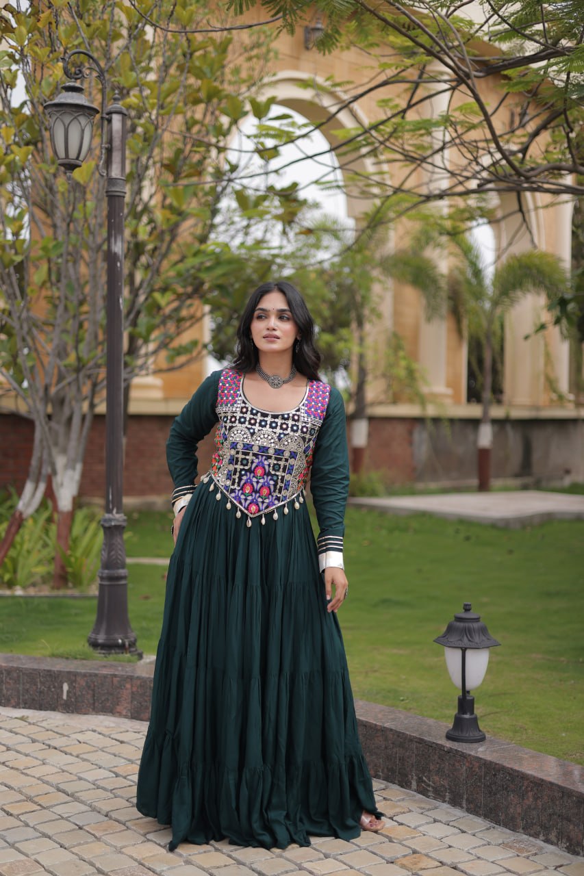 Navratri Reyon Gown with Thread and Mirror Work Blouse