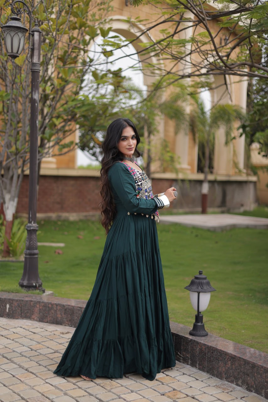 Navratri Reyon Gown with Thread and Mirror Work Blouse