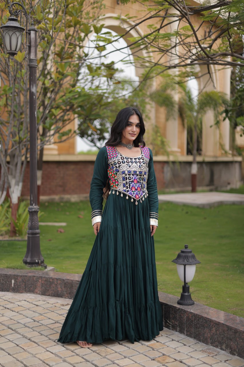 Navratri Reyon Gown with Thread and Mirror Work Blouse