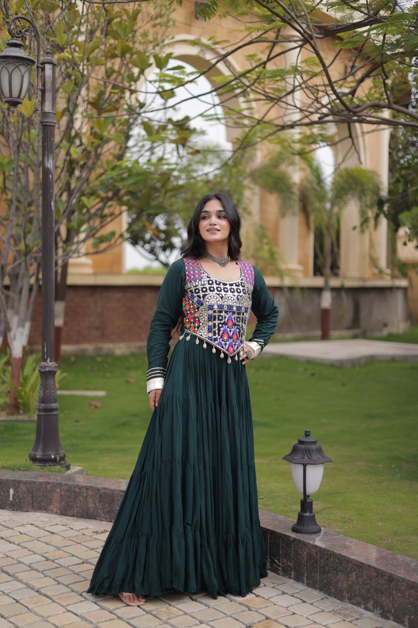 Navratri Reyon Gown with Thread and Mirror Work Blouse