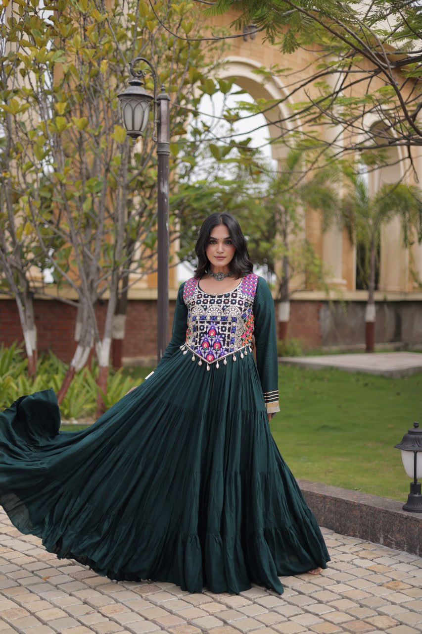 Navratri Reyon Gown with Thread and Mirror Work Blouse