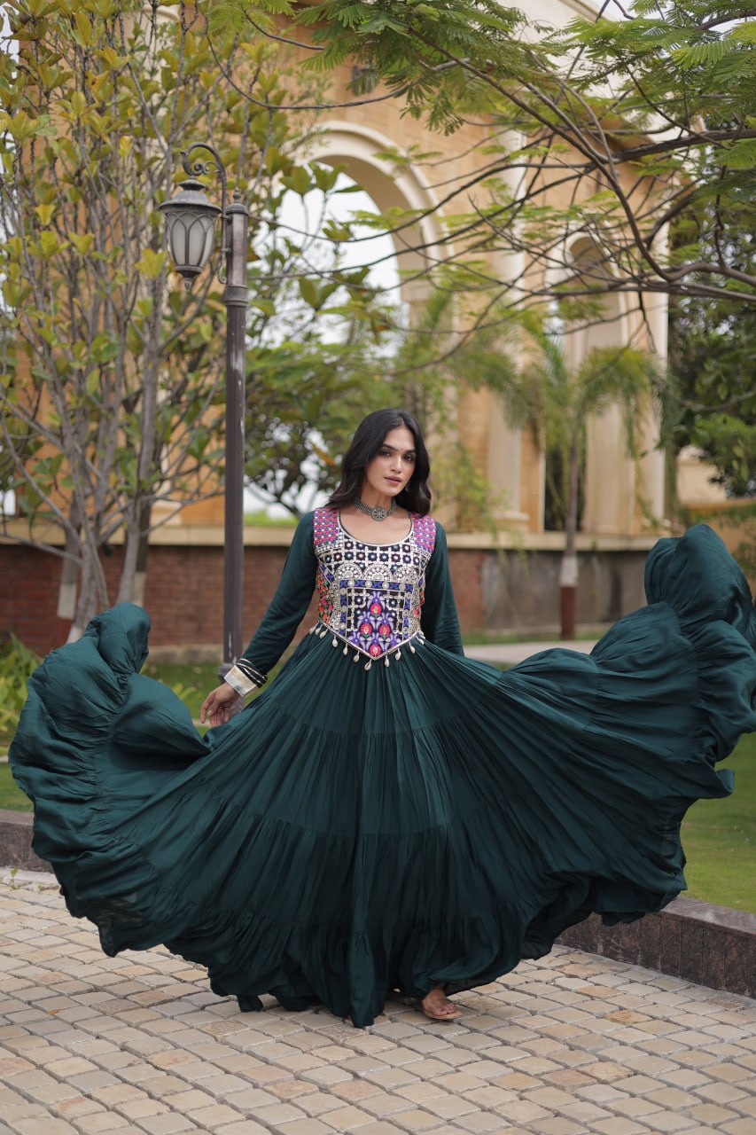 Navratri Reyon Gown with Thread and Mirror Work Blouse