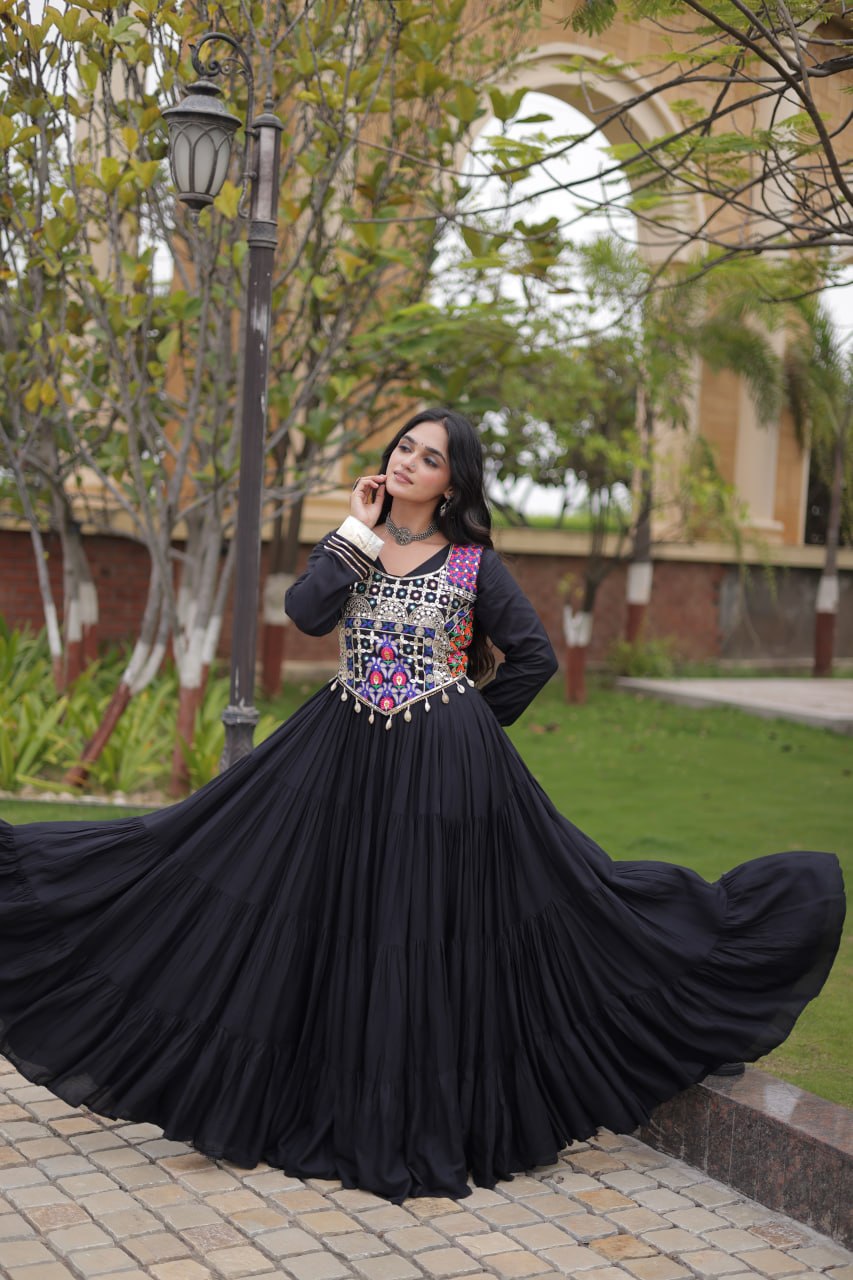 Navratri Reyon Gown with Thread and Mirror Work Blouse