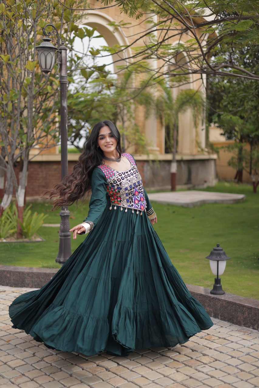 Navratri Reyon Gown with Thread and Mirror Work Blouse