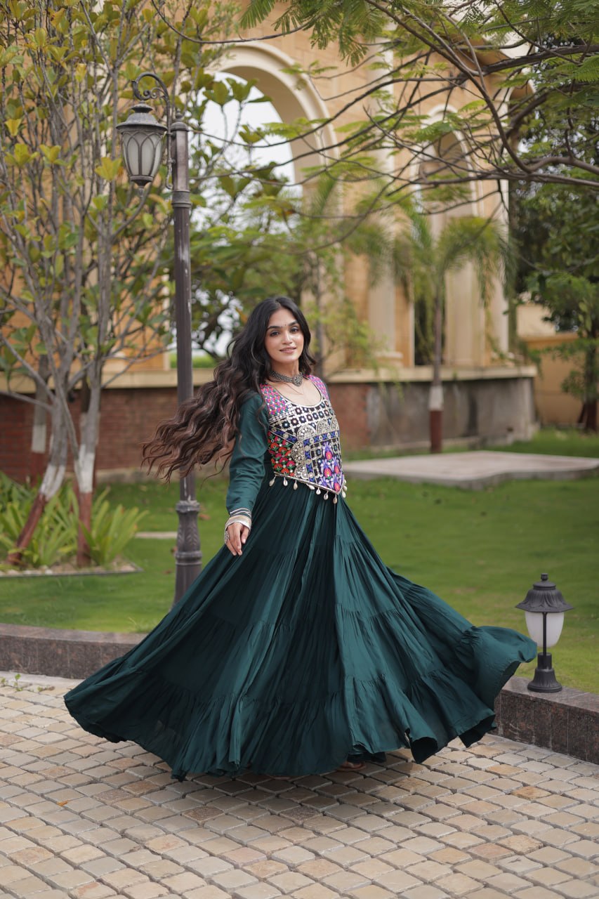 Navratri Reyon Gown with Thread and Mirror Work Blouse