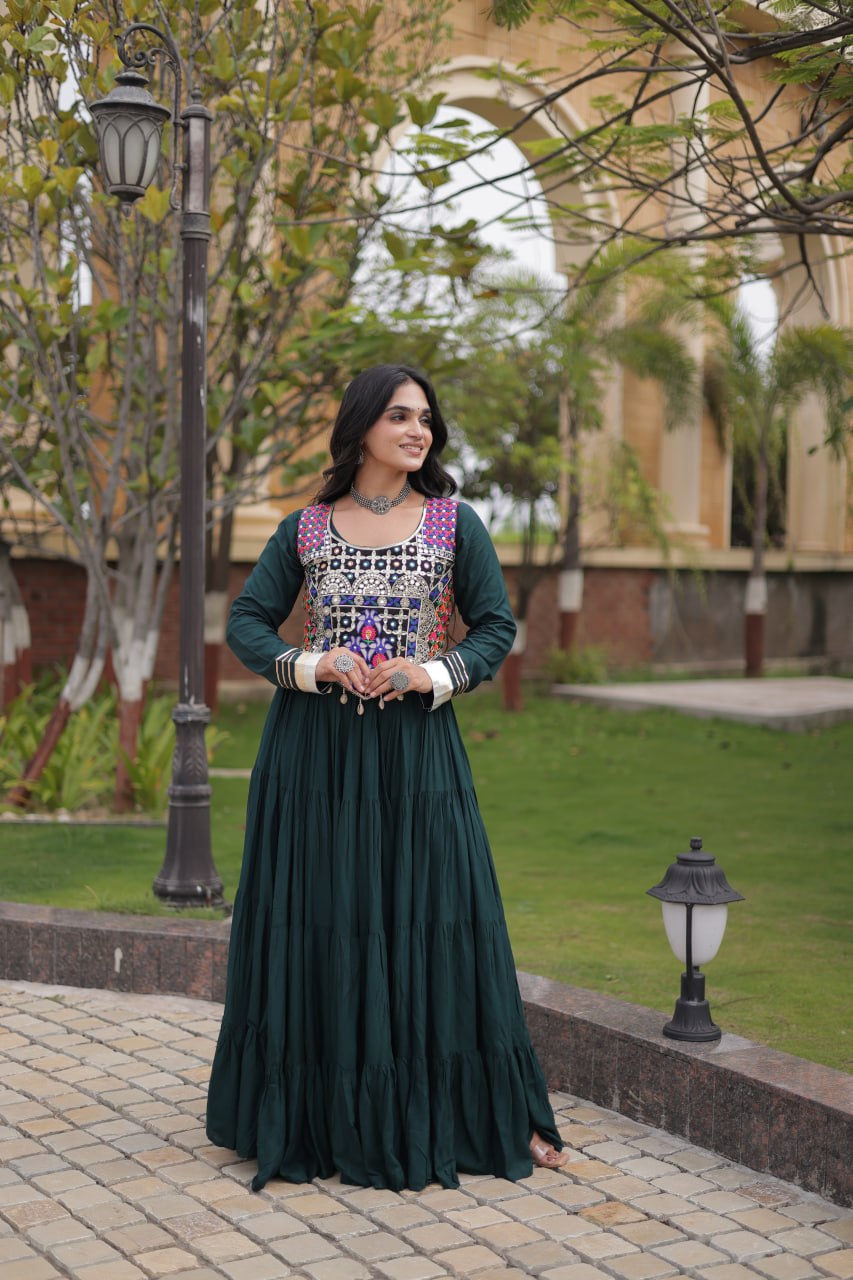 Navratri Reyon Gown with Thread and Mirror Work Blouse