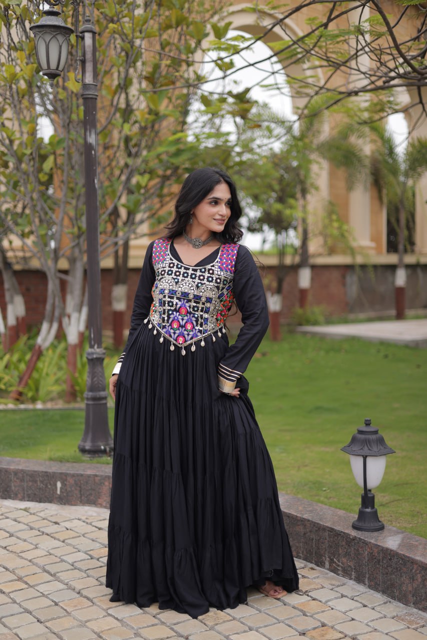 Navratri Reyon Gown with Thread and Mirror Work Blouse