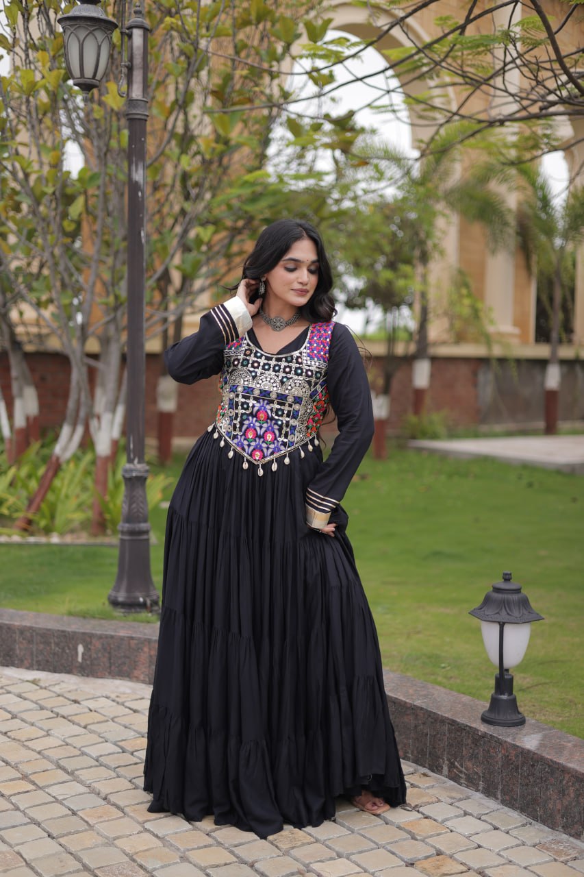 Navratri Reyon Gown with Thread and Mirror Work Blouse