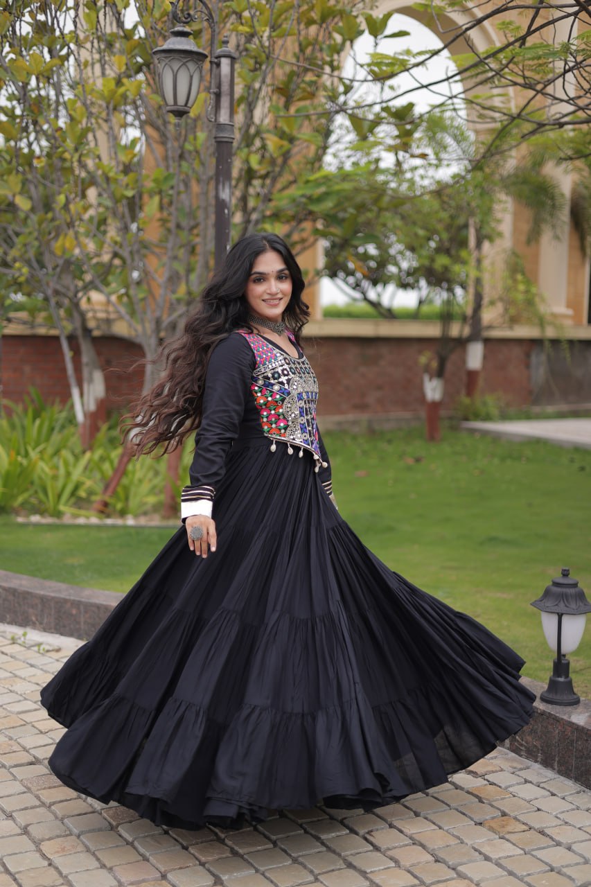 Navratri Reyon Gown with Thread and Mirror Work Blouse