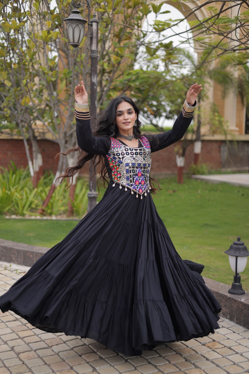 Navratri Reyon Gown with Thread and Mirror Work Blouse