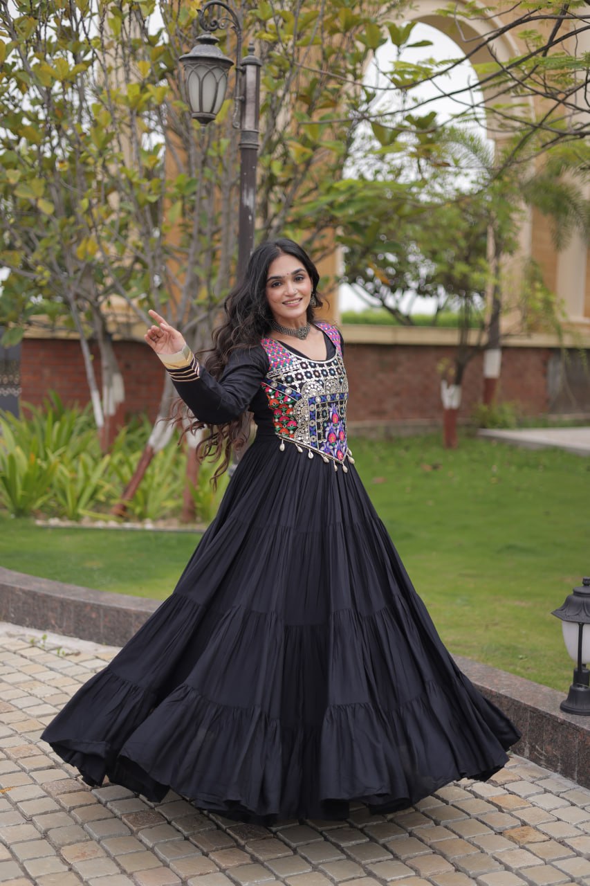Navratri Reyon Gown with Thread and Mirror Work Blouse