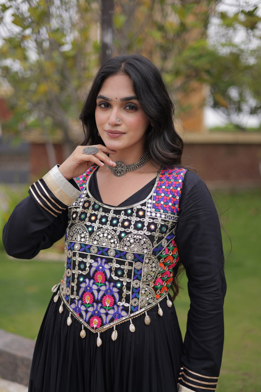 Navratri Reyon Gown with Thread and Mirror Work Blouse