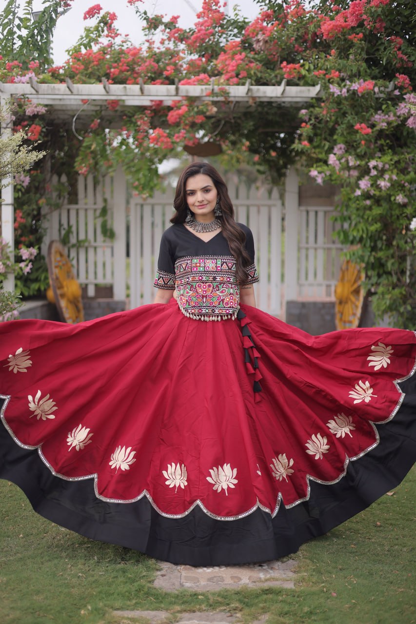 Navratri Roman Fabric Lehenga Choli with Kutchi Gamthi Embroidery
