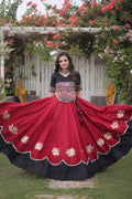 Navratri Roman Fabric Lehenga Choli with Kutchi Gamthi Embroidery