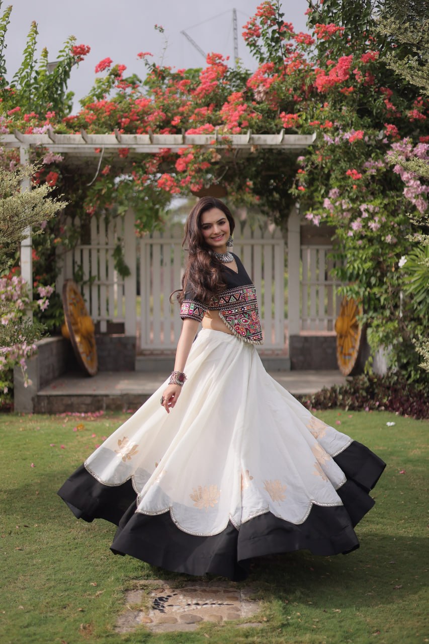 Navratri Roman Fabric Lehenga Choli with Kutchi Gamthi Embroidery