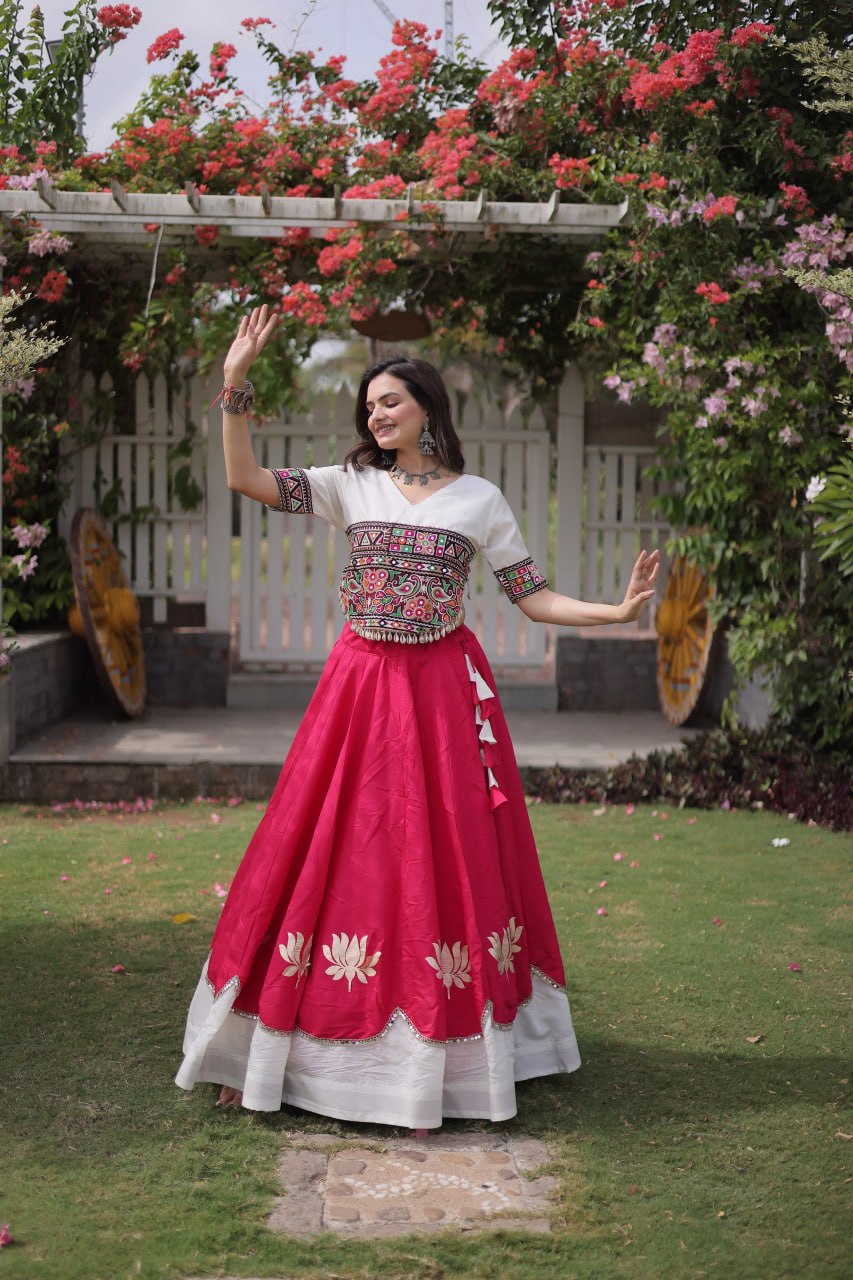 Navratri Roman Fabric Lehenga Choli with Kutchi Gamthi Embroidery