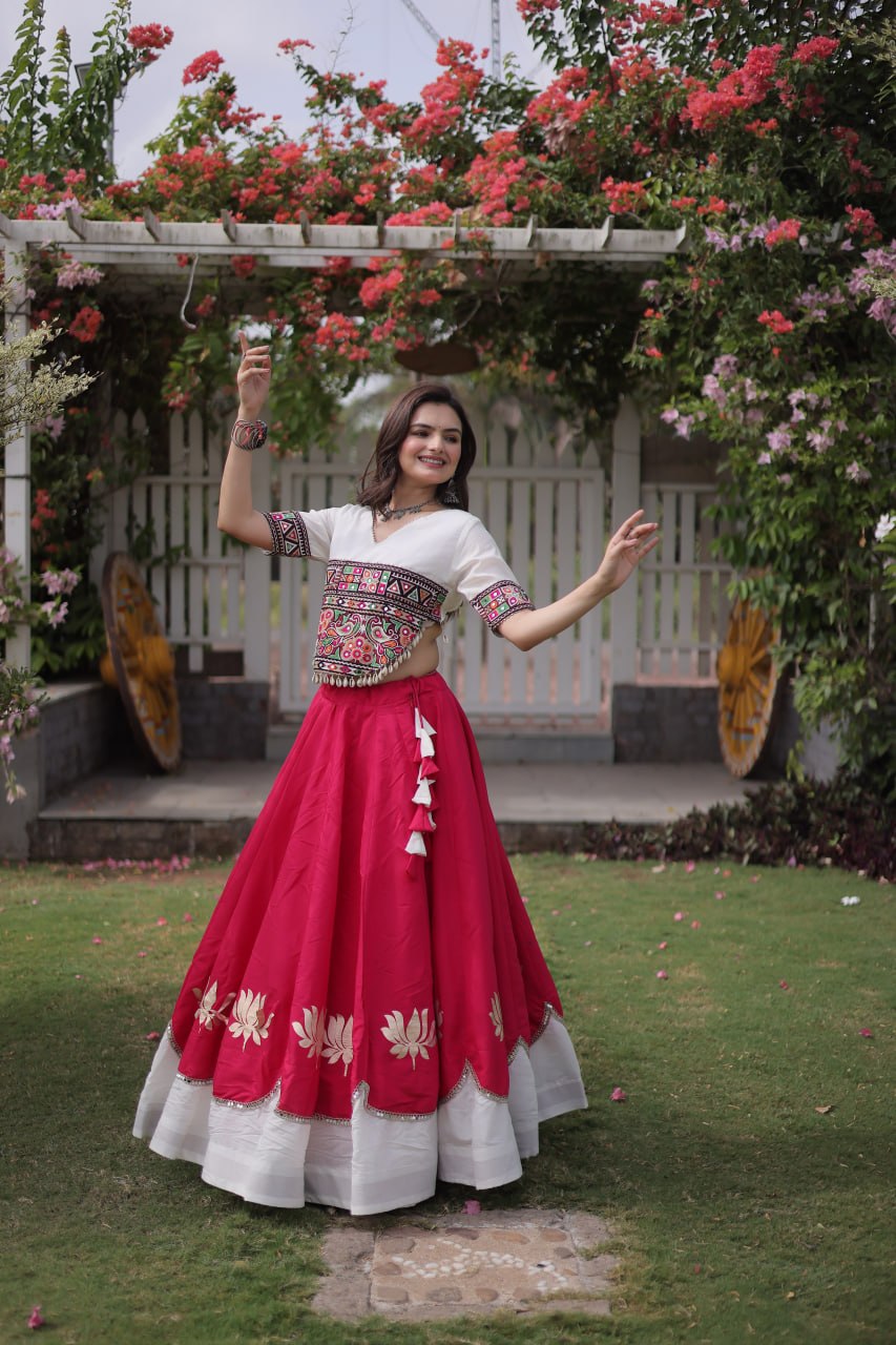 Navratri Roman Fabric Lehenga Choli with Kutchi Gamthi Embroidery