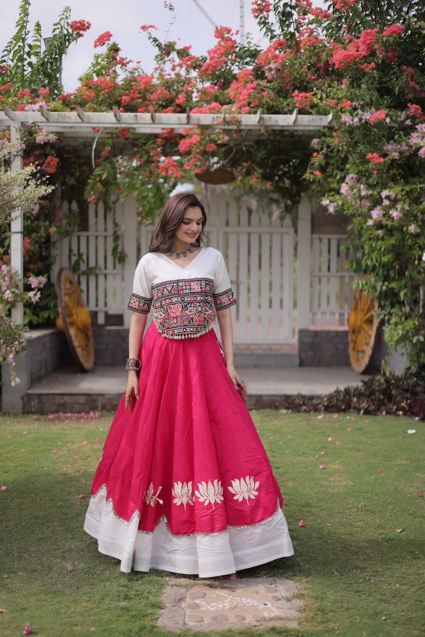 Navratri Roman Fabric Lehenga Choli with Kutchi Gamthi Embroidery
