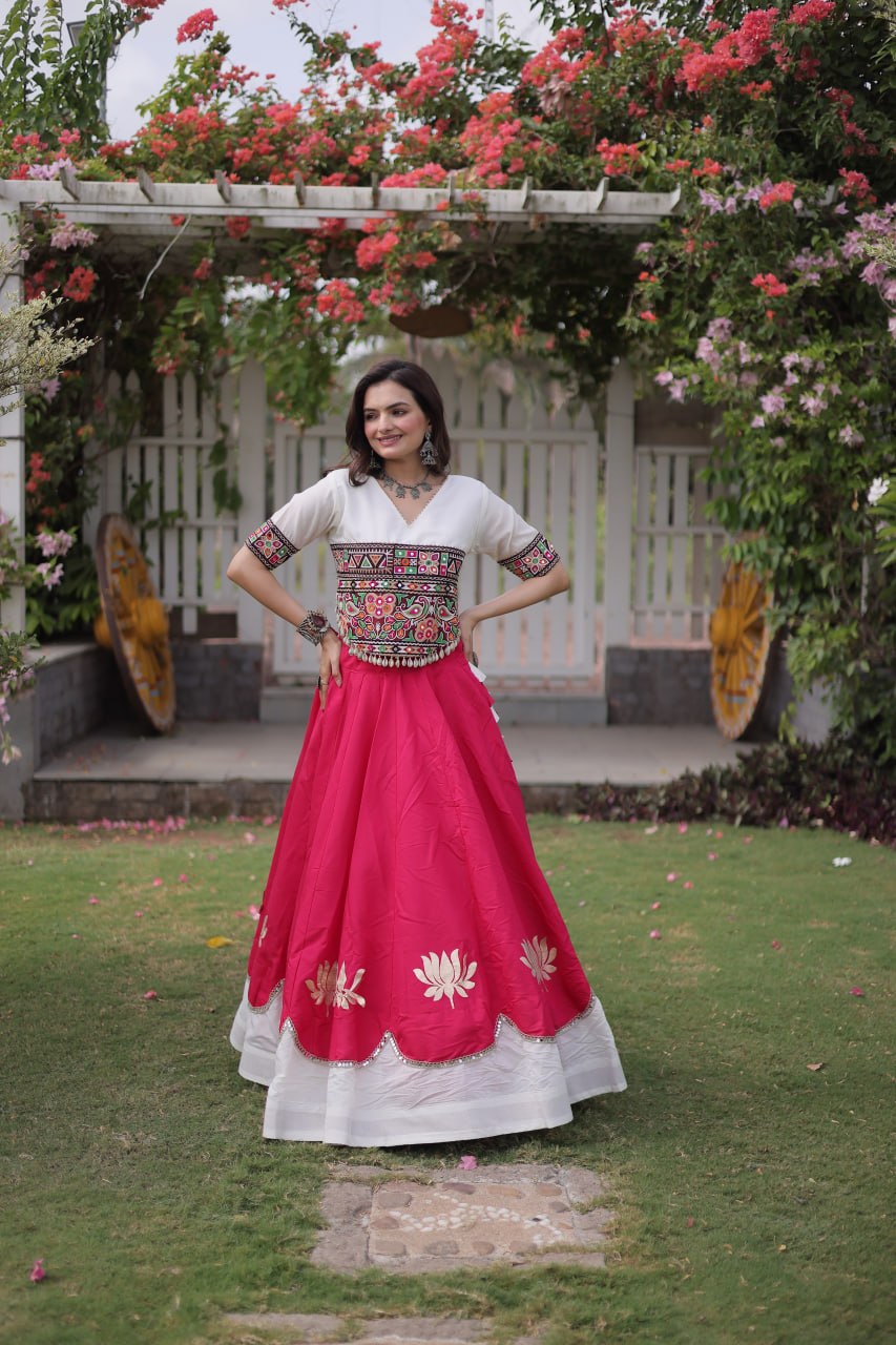 Navratri Roman Fabric Lehenga Choli with Kutchi Gamthi Embroidery
