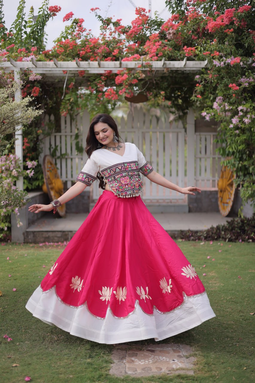 Navratri Roman Fabric Lehenga Choli with Kutchi Gamthi Embroidery