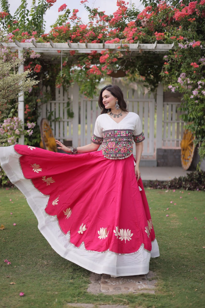 Navratri Roman Fabric Lehenga Choli with Kutchi Gamthi Embroidery