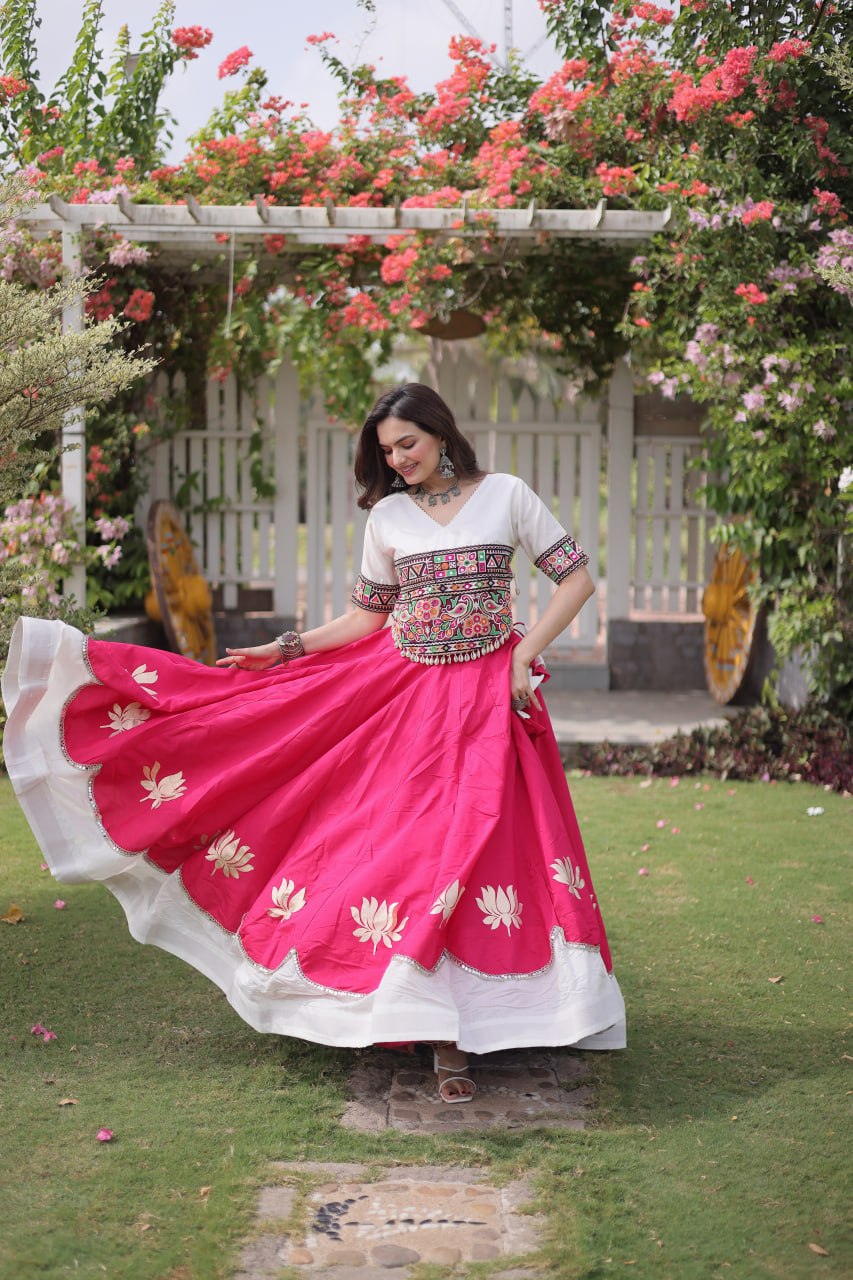 Navratri Roman Fabric Lehenga Choli with Kutchi Gamthi Embroidery
