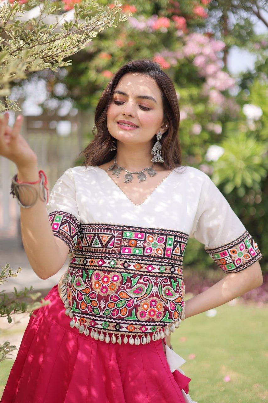Navratri Roman Fabric Lehenga Choli with Kutchi Gamthi Embroidery