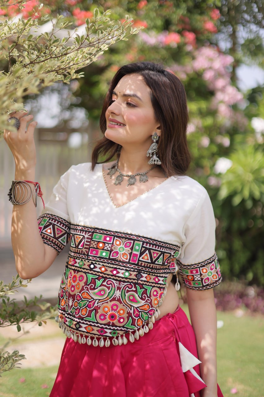 Navratri Roman Fabric Lehenga Choli with Kutchi Gamthi Embroidery