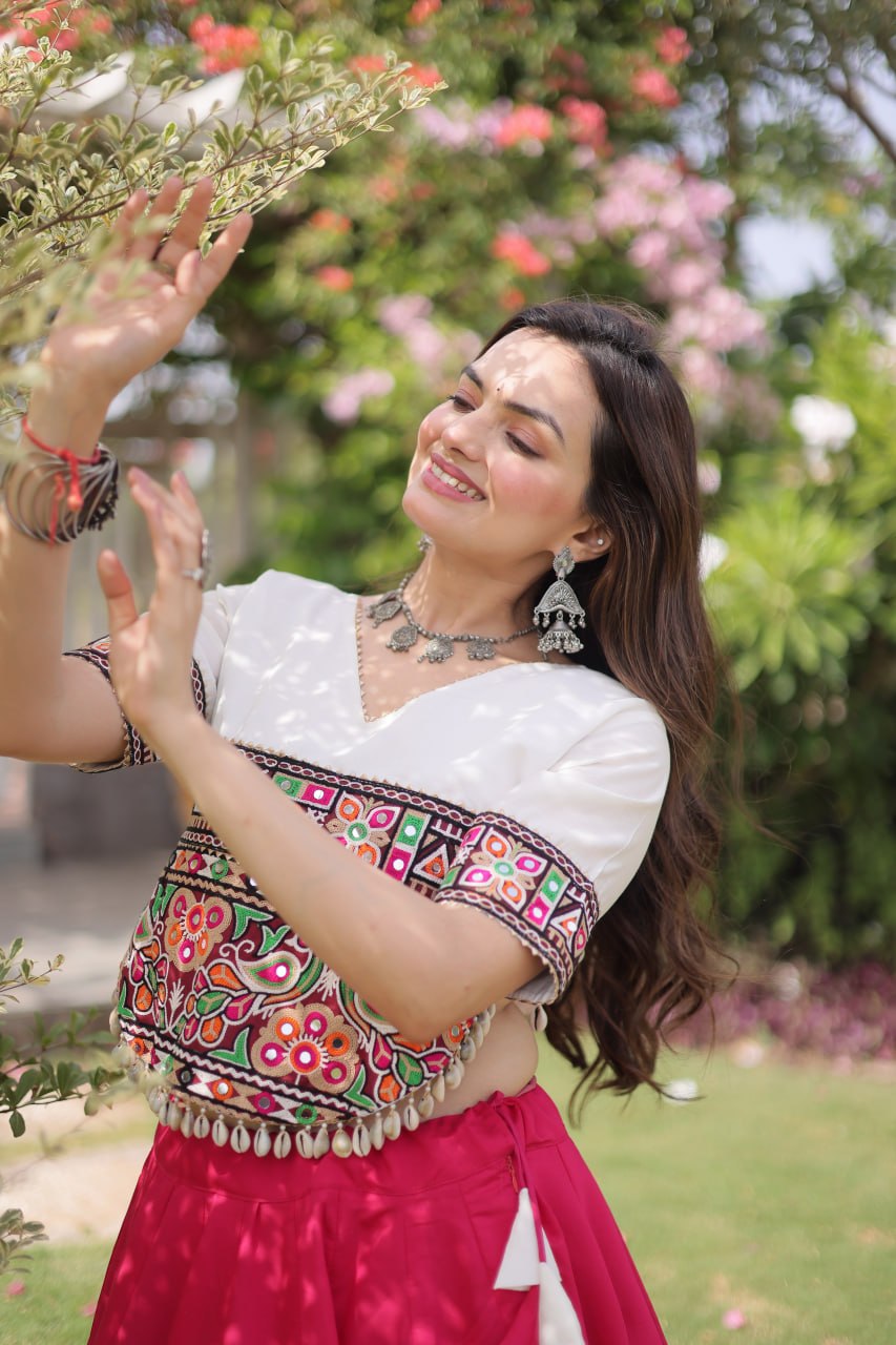Navratri Roman Fabric Lehenga Choli with Kutchi Gamthi Embroidery