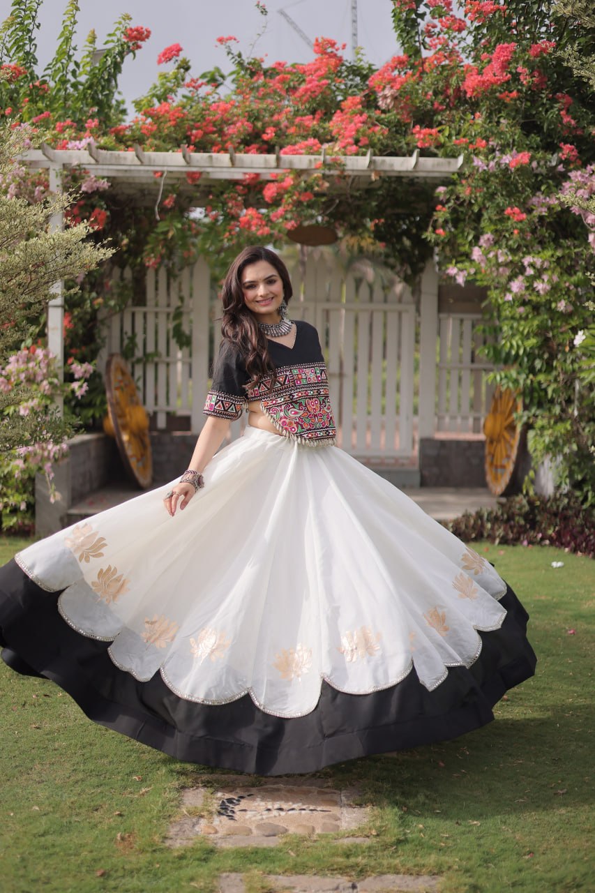 Navratri Roman Fabric Lehenga Choli with Kutchi Gamthi Embroidery