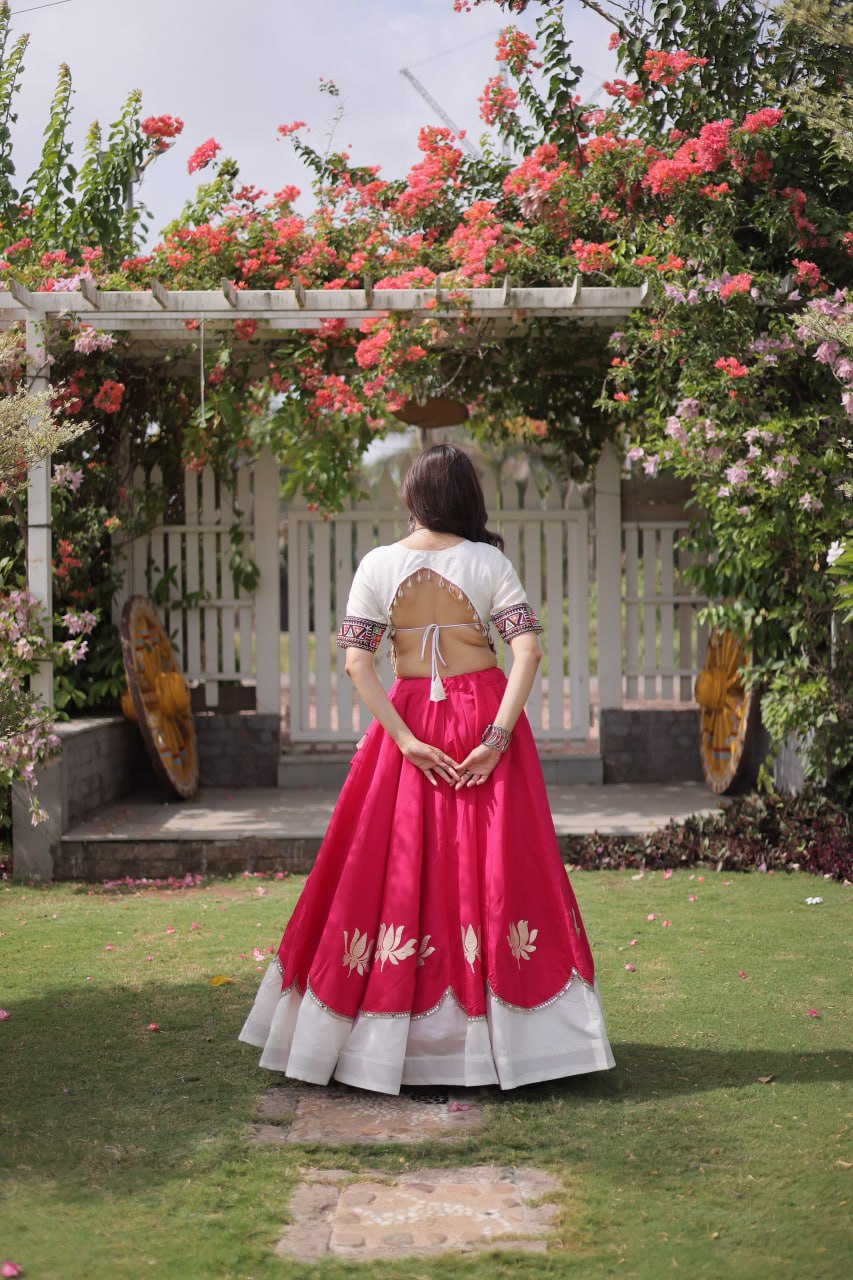 Navratri Roman Fabric Lehenga Choli with Kutchi Gamthi Embroidery
