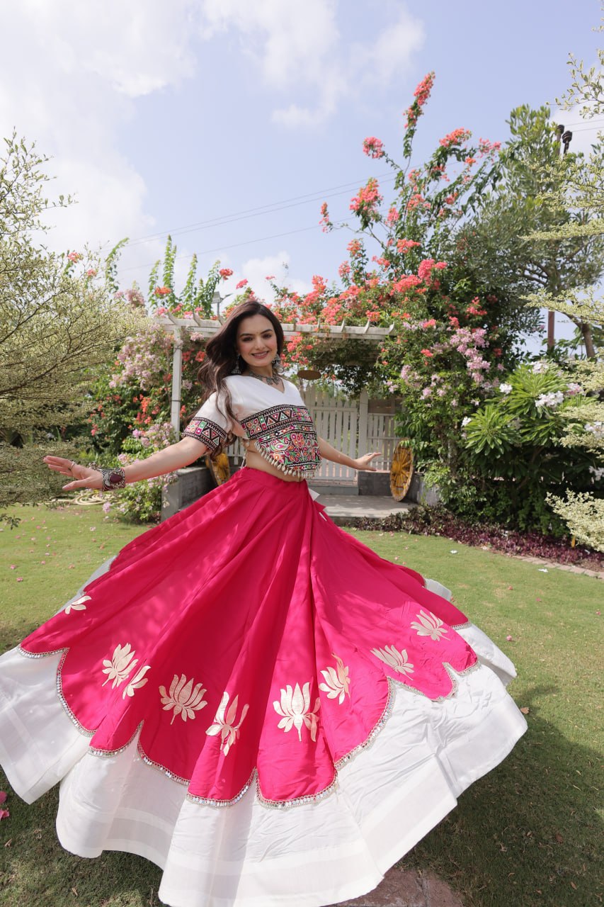 Navratri Roman Fabric Lehenga Choli with Kutchi Gamthi Embroidery