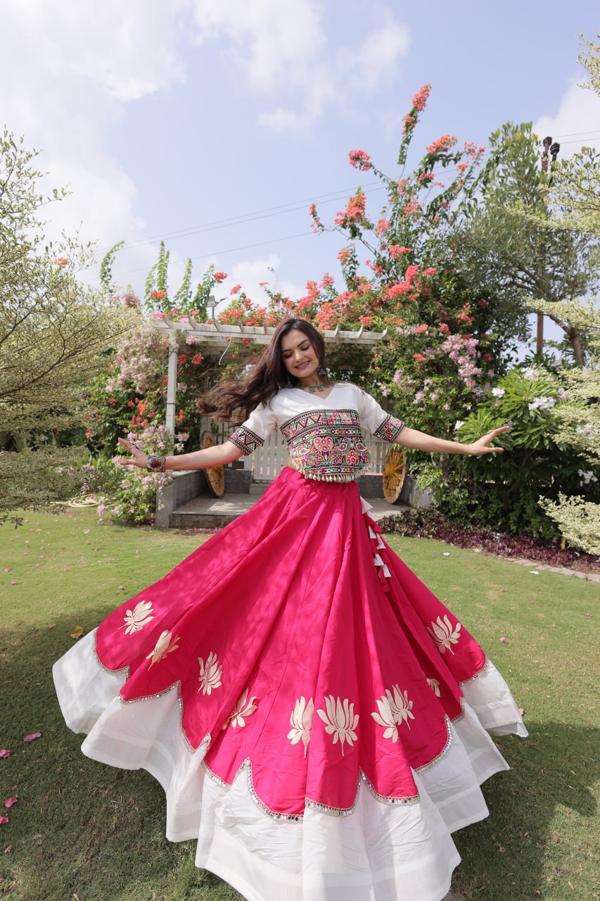 Navratri Roman Fabric Lehenga Choli with Kutchi Gamthi Embroidery