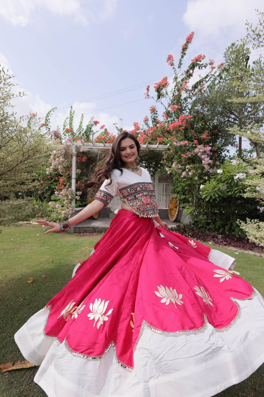 Navratri Roman Fabric Lehenga Choli with Kutchi Gamthi Embroidery