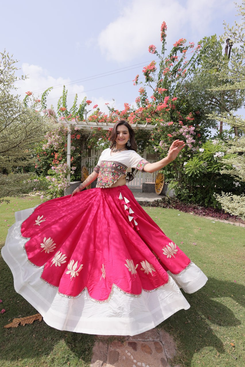 Navratri Roman Fabric Lehenga Choli with Kutchi Gamthi Embroidery