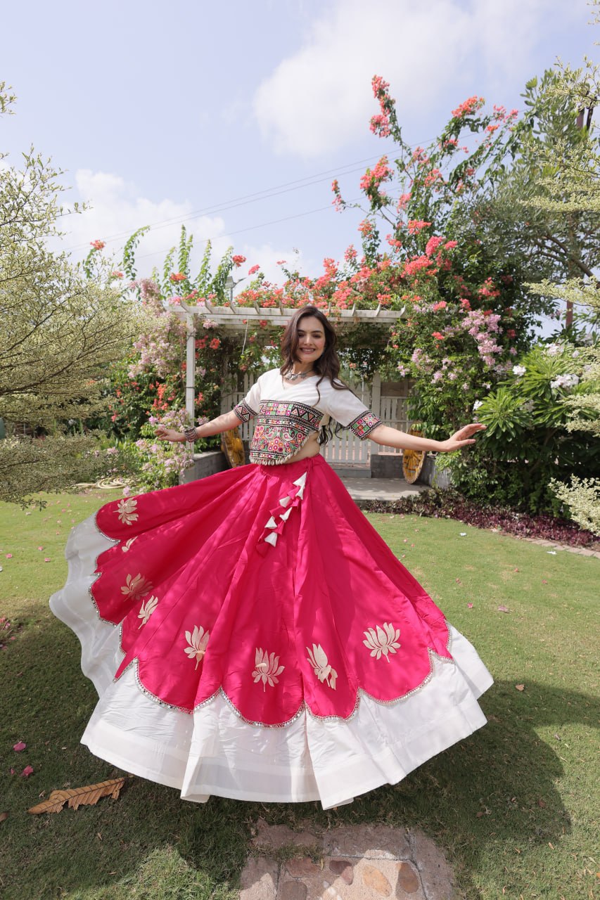 Navratri Roman Fabric Lehenga Choli with Kutchi Gamthi Embroidery
